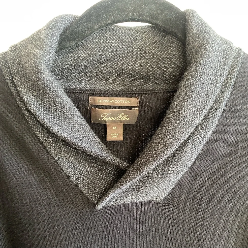 Tasso Elba Sweater Navy Blue Gray Shawl Neck 100% Cotton Medium